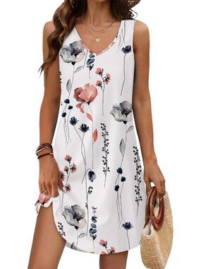Women's Summer Dress Flowers V Neck Sleeveless Dress Sundresses Swimsuit Coverup